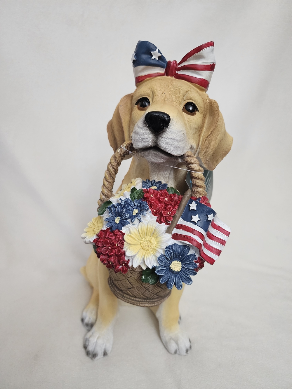 Patriotic Tan Dog Figurine with Red, White & Blue Flower Basket 15"inches Tall